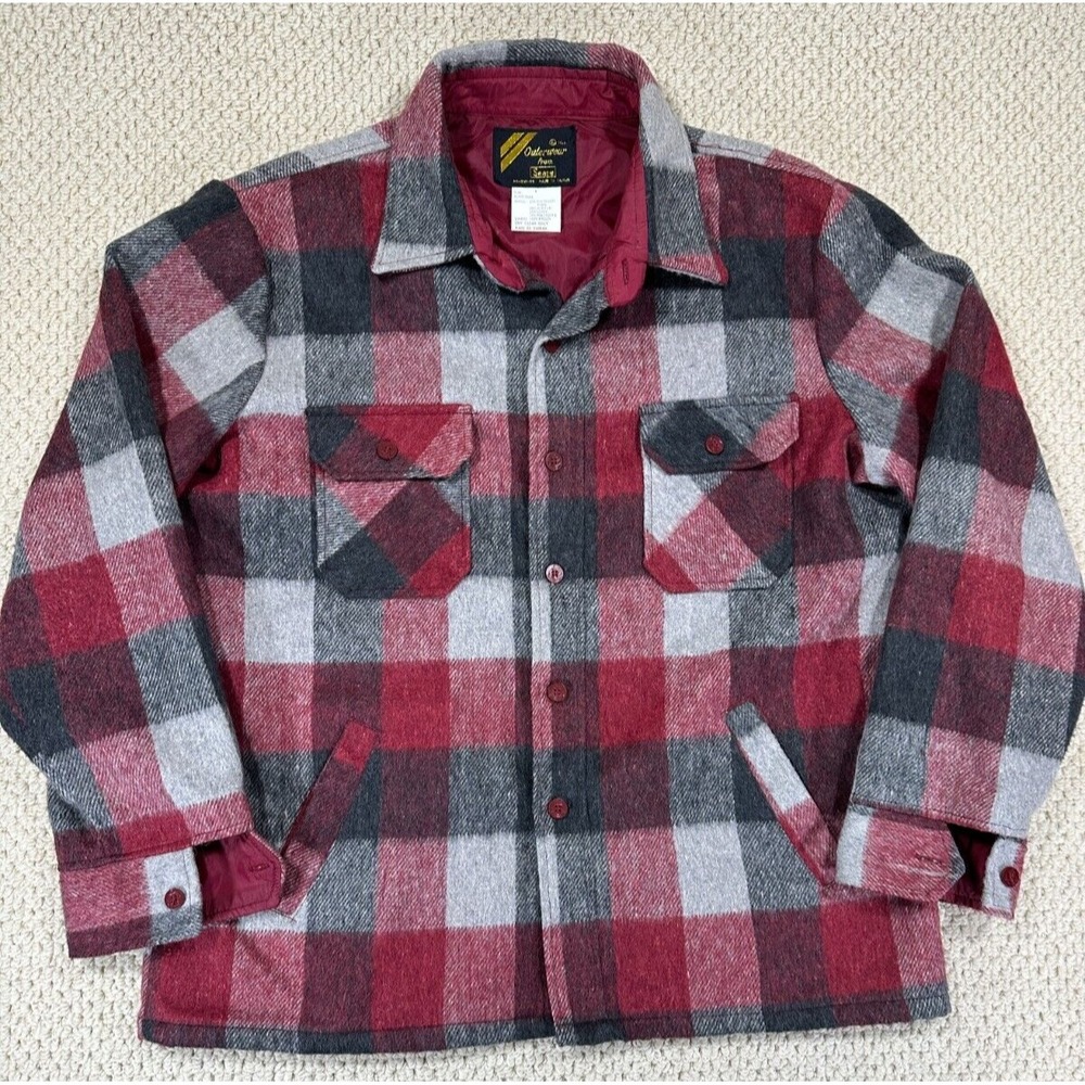 Vtg 70s SEARS Shirt Jacket Mens XLT Red Plaid Flannel Wool Blend Anchor Buttons